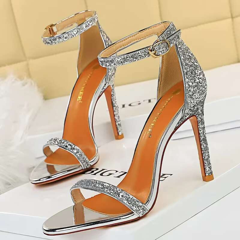 Women Summer Platform Sandals 10cm High Heels Sier Bg Sequins Ankle Strap Sandles Lady Wedding Bridal Sparkly Fetish Shoes