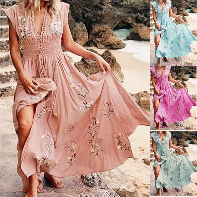 2025 Women's Summer New Designer V-neck French Beach Skirt Flower Bohemian Sexy Long Dress