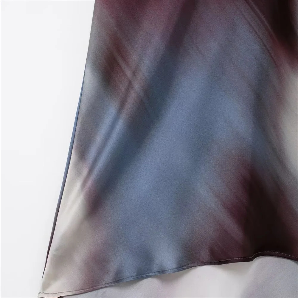 TRAF autumn womens fashionable slim fit asymmetrical layered decorative printed silk satin texture long dress 250122