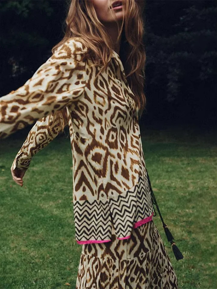 Vintage Patchwork Print Skirt Sets Women Fashion Long Sleeve Lapel Tops A-line Maxi Long Skirt Casual Autumn Outfits Boho Street 250118