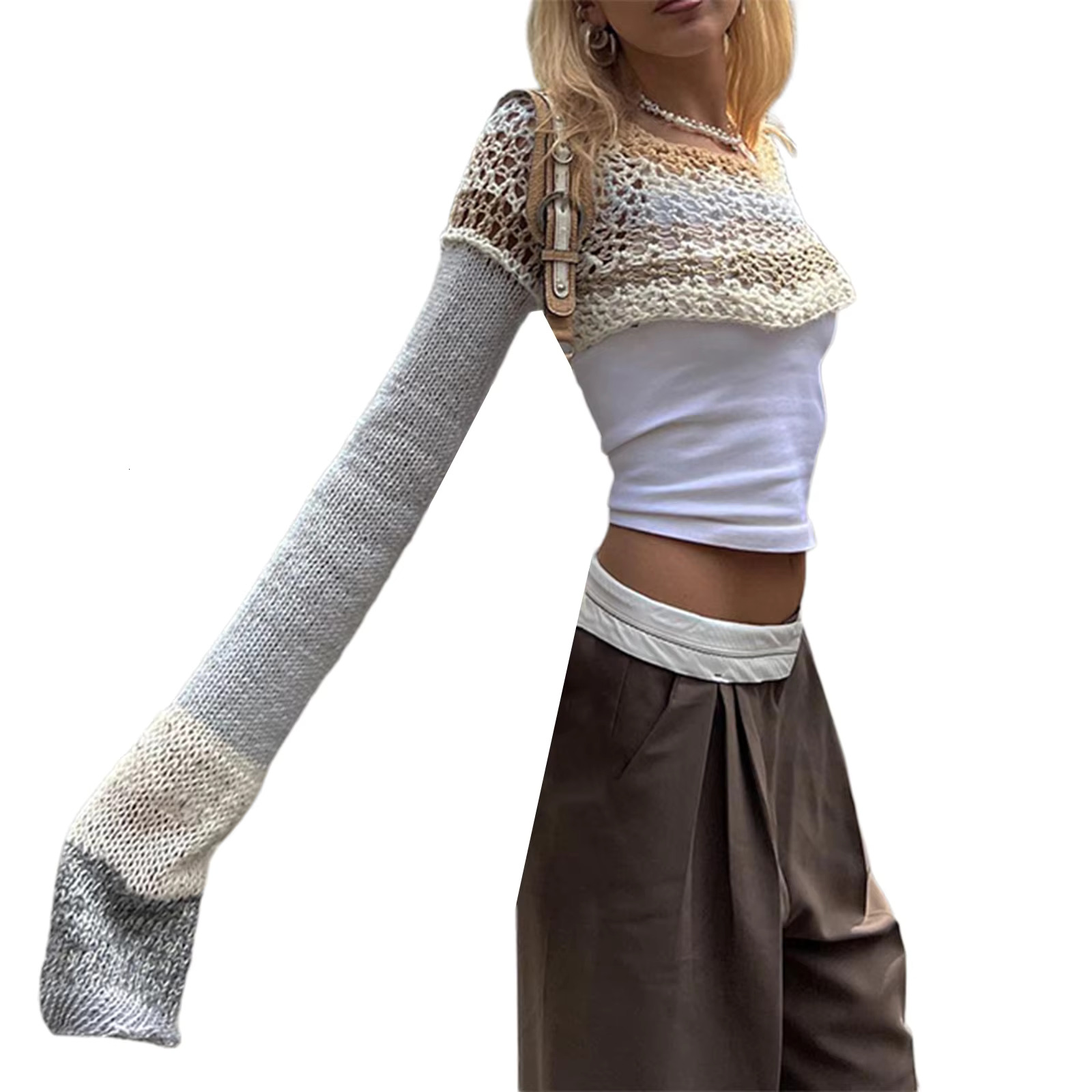 Women Knitted Crochet Sweaters Crop Tops Y2k Long Sleeve Patchwork Shrug Sweater Short Knitwear Covers Up Tee Streetwear