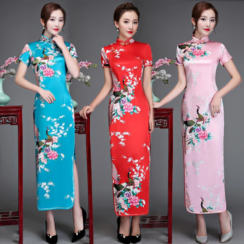 size 6XL Floral Peacock Chinese Lady Cheongsam Qipao Print Flower Sexy Long Dress Bride Wedding Evening Party Gown Dresses 250122