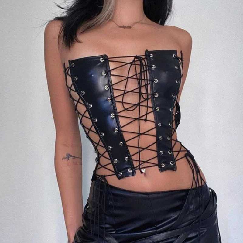 Sexy Gothic Women PU Leather Corsets Bustiers Lace-up Bandage Crown Girdle Slim Waist Back Zipper Strap Corset Tops Curve Shaper W250120
