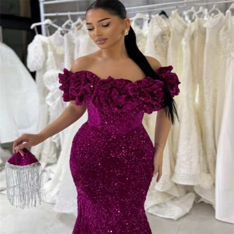 Arabian Abaya Purple Evening Dress Sequin Mermaid Prom Dresses 2025 Plus Size Florals Formal Occasion Birthday Dress Arabic Dubai Party vestido de gal