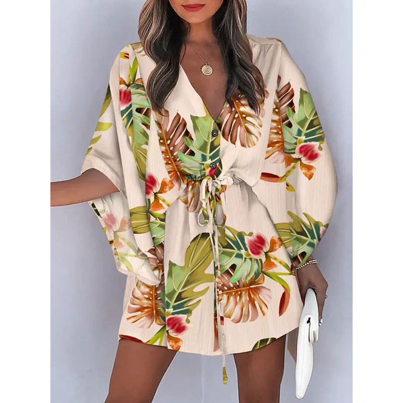 2025 New Outdoor Casual Dress Personality Women's Summer Women's Designer Flying Sleeve V-neck Lace Up Printed Beach Skirt