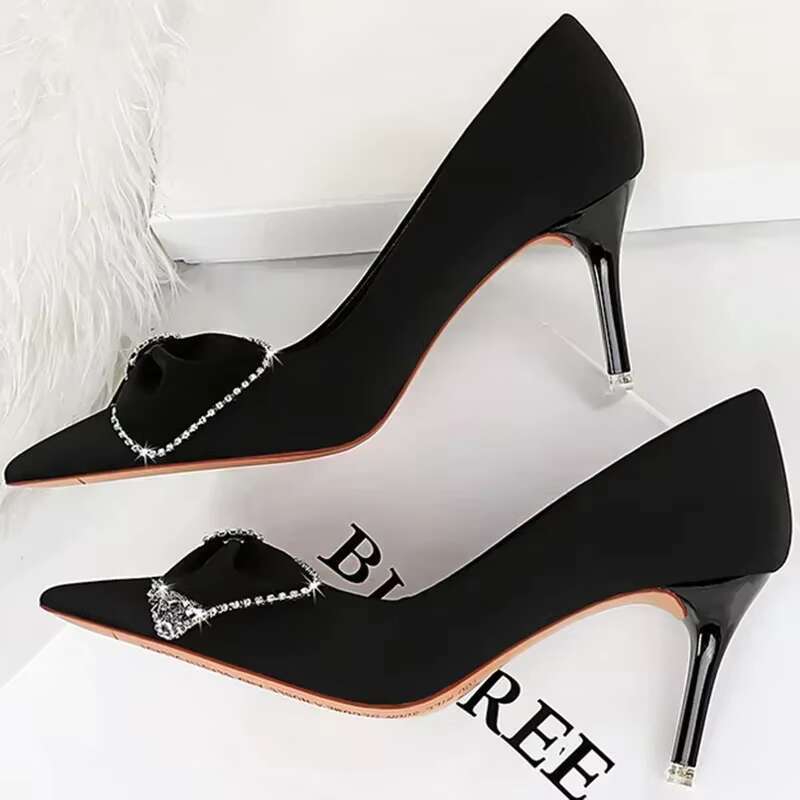 Women 7.5cm High Heels Pointed Toe Kawaii Party Silk Satin Pumps Lady Cute Korean Style Wedding Rhie Bow Green Red Shoes