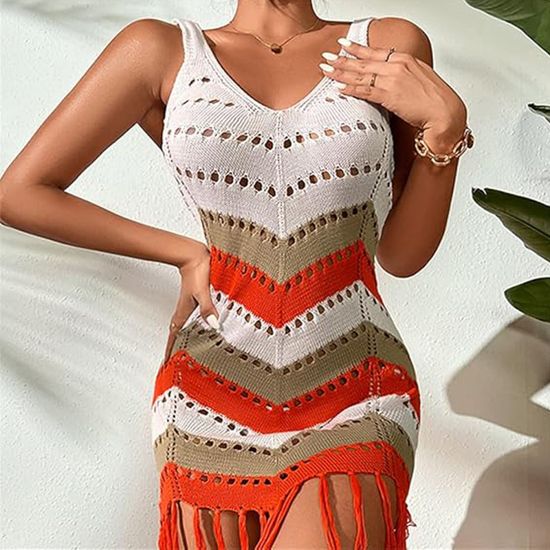 2025 Summer New Designer Knitted Beach Skirt Sunscreen Tassel Striped Tank Top Skirt Sexy Hollow Wool Dress