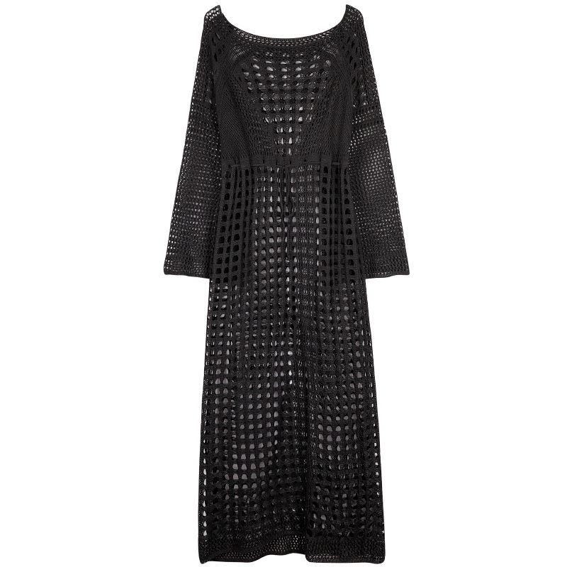 2025 New Women's Clothing Designer White Checkered Long Sleeved Knitted Hollow Beach Skirt Transparent Back Sexy Slit Flared Skirt