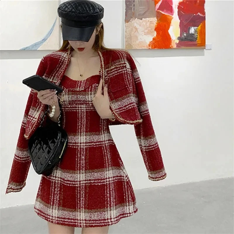 Woolen Harajuku Y2k Plaid Short Blazer Christmas Clothes Women Winter A-line Dress Sets Korean Fashion Suits 2-piece Set Female 250113