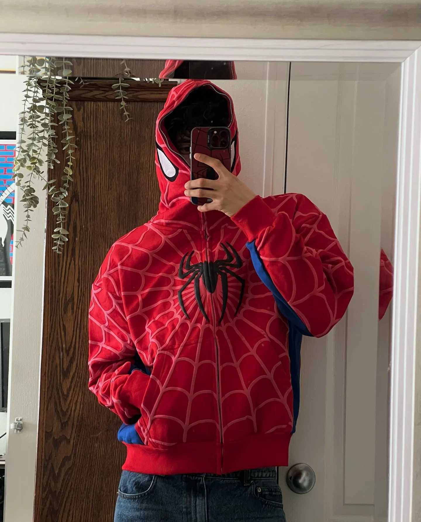 Y2k Anime Zipper Hoodie Mens Spider Web Pattern Red Hoodie Gothic Harajuku Super Large Hoodie Fashion Sportswear Clothing W250117