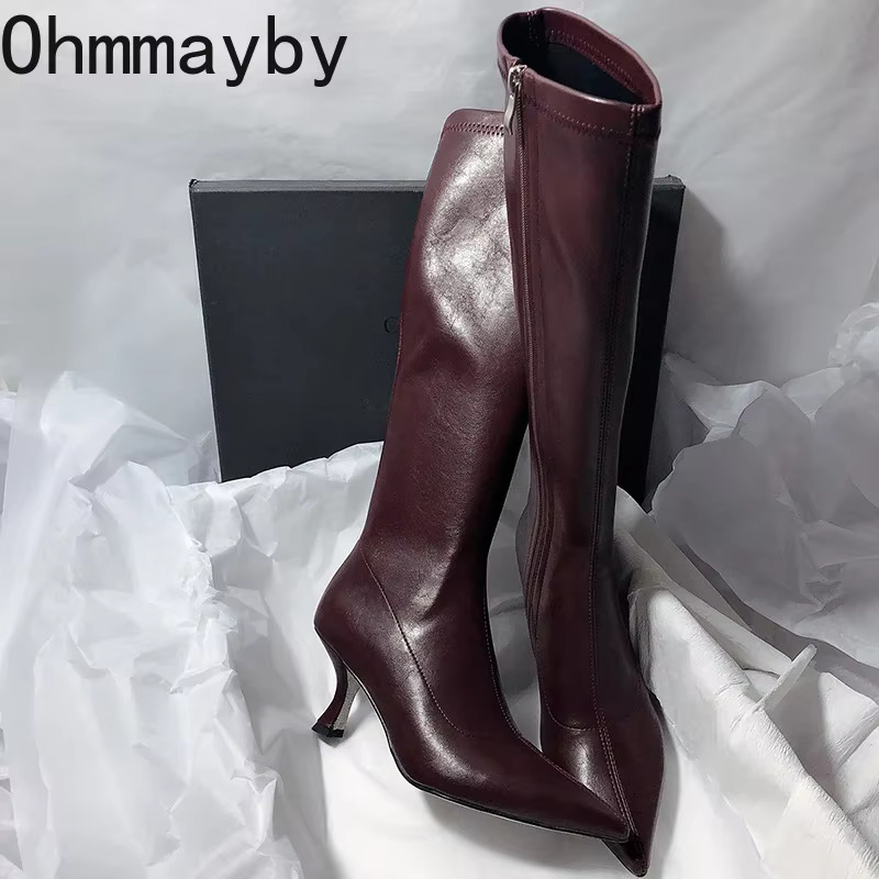 Designer Pointed Toe Women Stretch Knee-High Boots Fashion High Heels Shoes Concise Long Botas De Mujer 250221