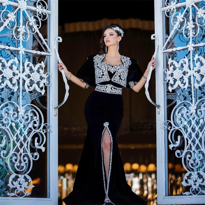 Black Kosovo Tunisian Evening Dress White Appliques Caftan Moroccan Algerian Prom Dress Formal Birthday Party Gowns Vestidos De Noche Dubai Abaya Danc