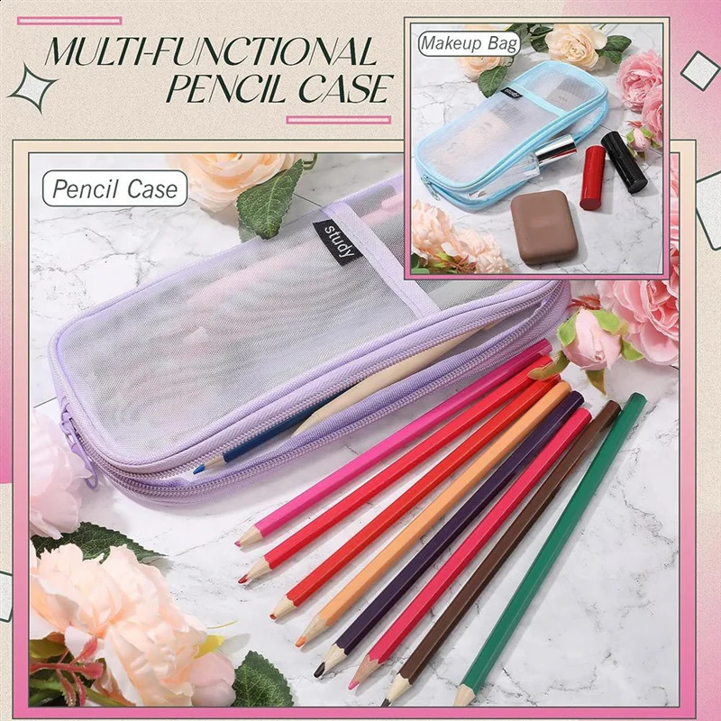 4 Pcs Grid Mesh Pencil Case with Zipper Clear Pencil Pouch Visible Pen Bag Multi-Purpose Transparent Makeup Bag 250120