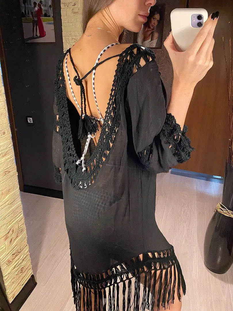 Sexy Backless Hollow Out Fringe Tassel Tunic Beach Cover Up Cover-ups Beach Dress Beach Wear Beachwear Female Women V2650 250118