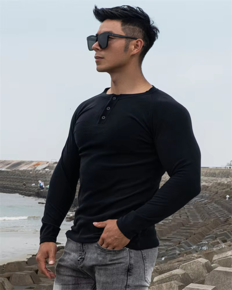 New Outdoor Fashion Designer T-shirt Top Simple And Casual Slim Fit Button Down Elastic Long Sleeved T-shirt For Men