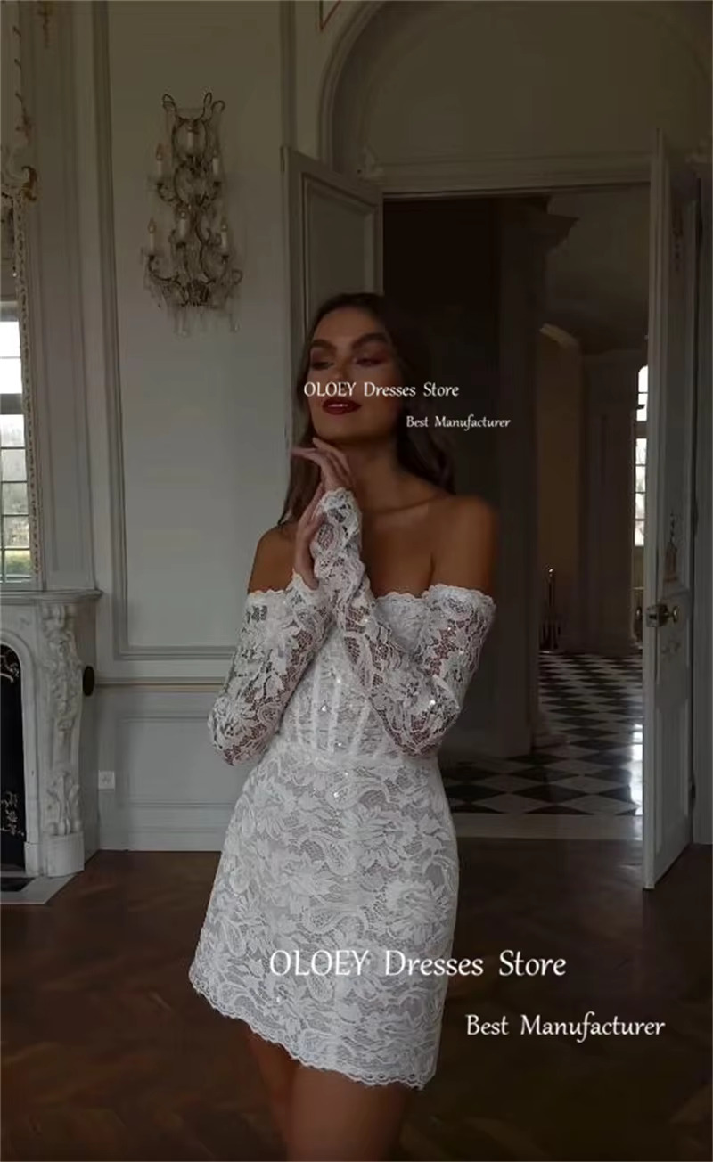 OLOEY Shiny Full Lace Mini Short Wedding Dresses Off Shoulder Long Sleeves US Women Bride Dress Customised Party Bridal Gowns