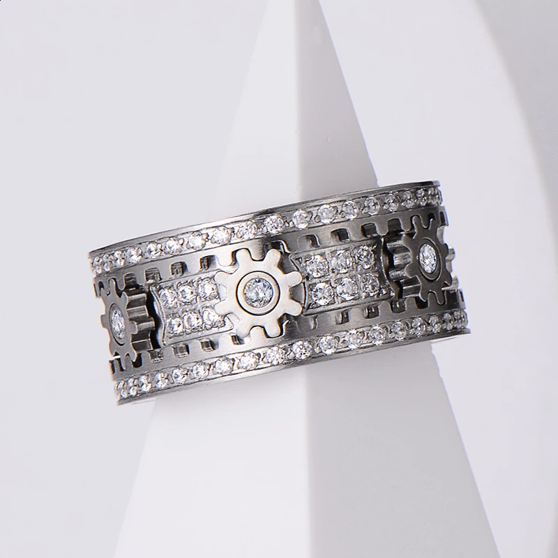 Stainless Steel Gear Wheel Style Ring CZ Zircon Rotating Relieve Stress Artifact Circle For Men Women Unisex-Adult Ring Jewelry 250117
