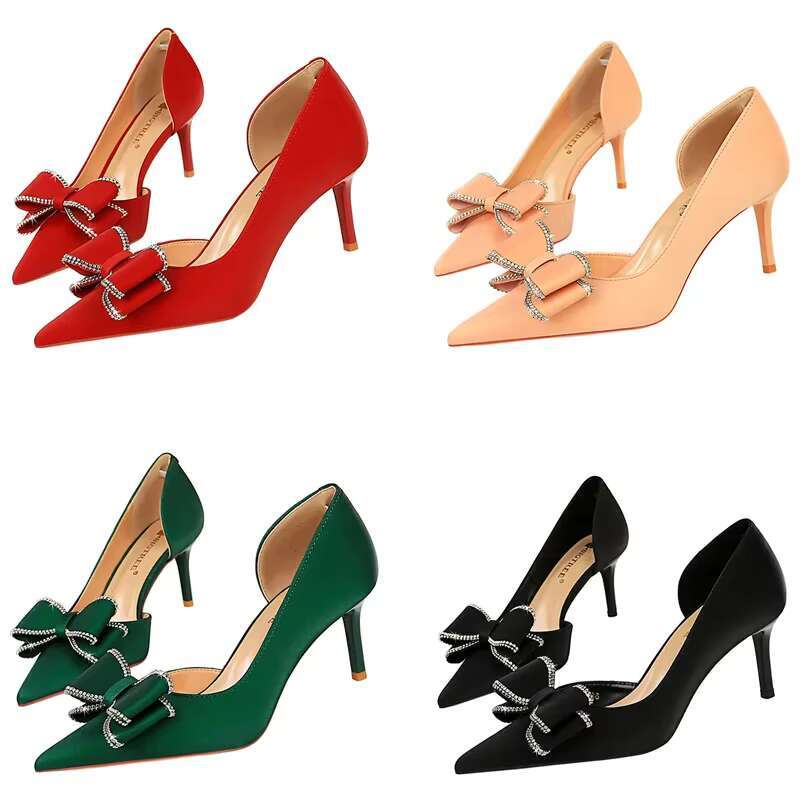 Women Kawaii Bowknot New Side Hollow Barefoot Pumps Sweet 7cm High Heels 2024 Lady Shiny Crystal Outside Prom Valentine Shoes