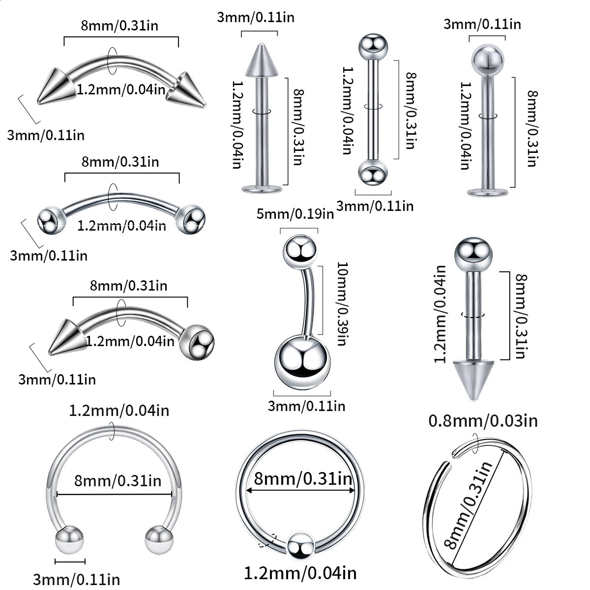 85PCS Steel Body Piercing Jewelry Lot Bulk Nose Ring Tongue Bar Eyebrow Labret Set Horseshoe Pack 250110