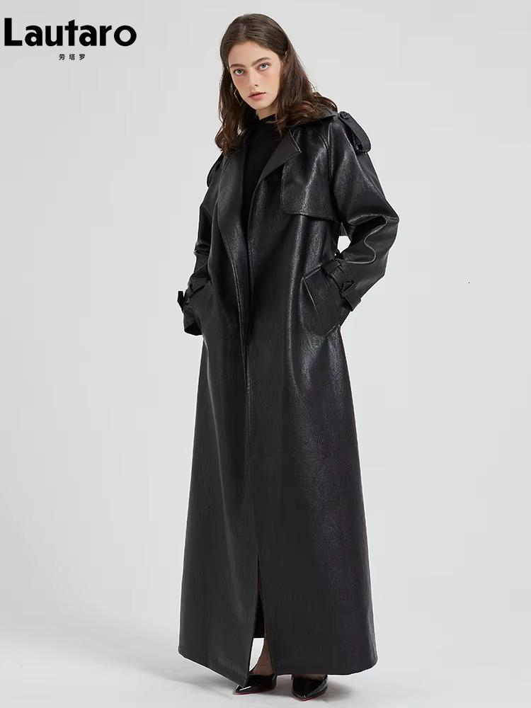 Lautaro Spring Autumn Extra Long Brown Pu Leather Trench Coat For Women Sashes Chic Overcoat Runway European Fashion 2024