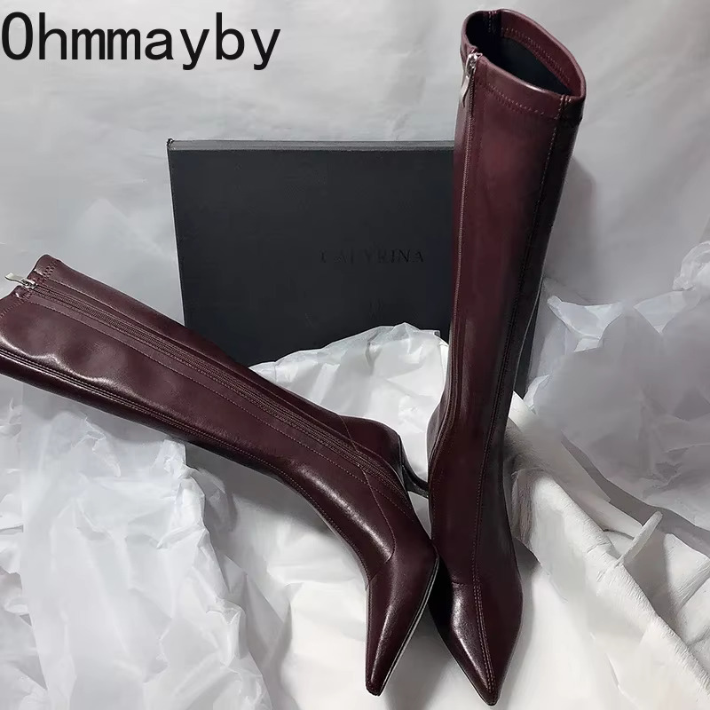 Designer Pointed Toe Women Stretch Knee-High Boots Fashion High Heels Shoes Concise Long Botas De Mujer 250221