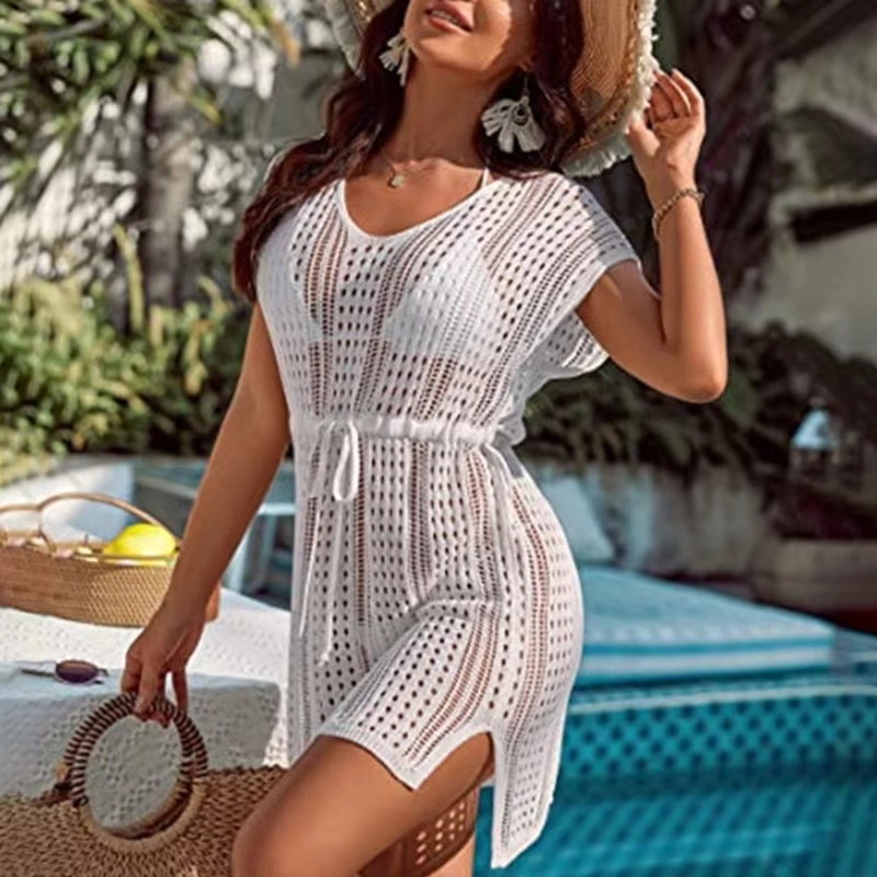 Womens Sexy Drawstring Swimsuit Cover Hollow Out Cover-Ups Tunic Bathing Suit Sunscreen T-Shirt Pullover Beachwear Dress H7ef