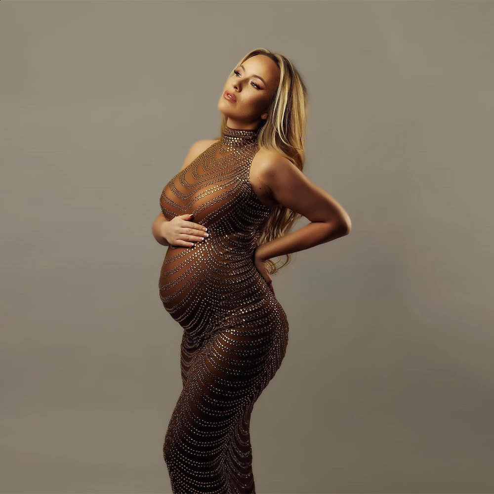 Sexy Shiny Drill Maternity Pography Props Goddess Dress Bodysuit Tulle Pregnancy Gown For Po Shoot Clothing 250114