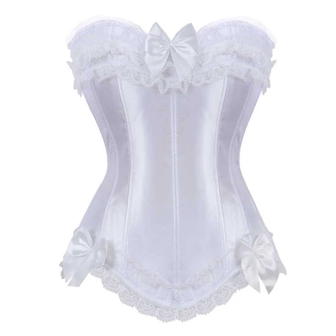 Sexy Satin Overbust Corset Top Lace Bowknot Decorated Clubwear Showgirl Body Shaper Plus Size W250120