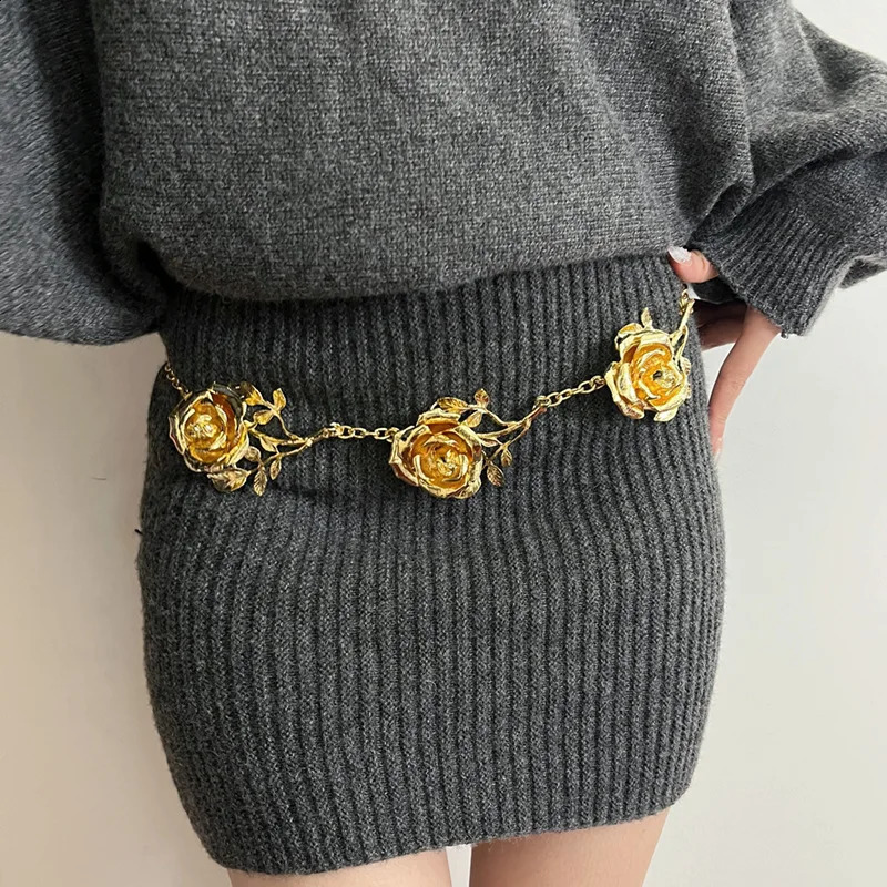 fashion retro small fragrance gold color rose waist chain womens advanced sense of metal chain thin belt accessories 250117