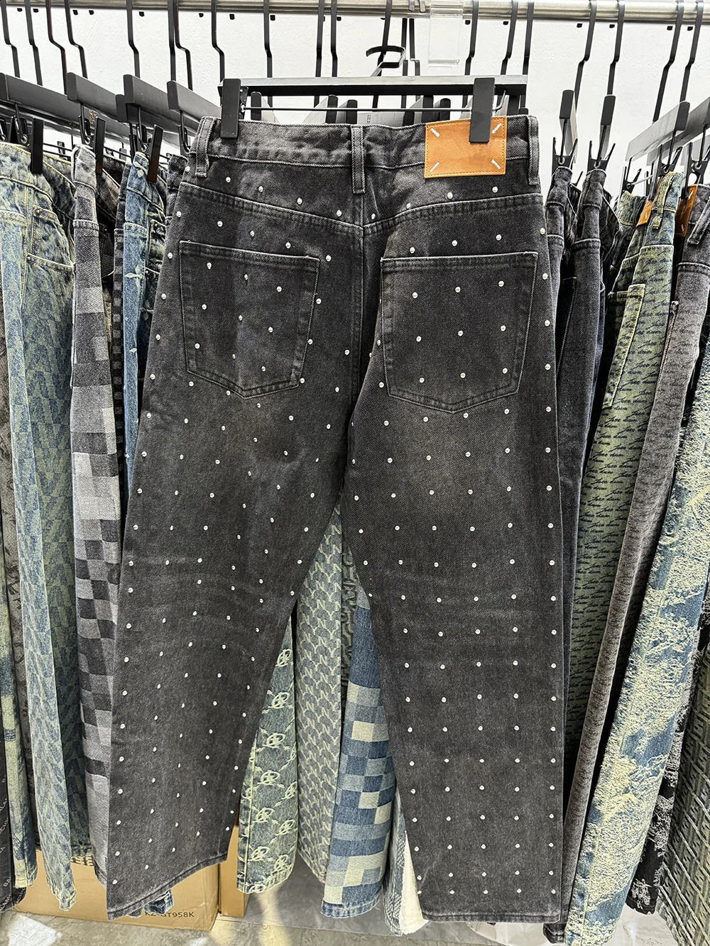 Black Denim Bottoms Men Straight Fit Baggy Smart Style Full Rhinestones Printed Y2k Jeans Man 250120