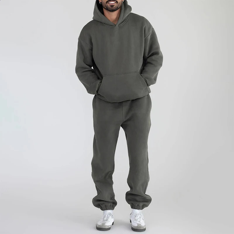 Mens Winter Tracksuits Set Solid Color Fleece Long Sleeve Sweatsuit Set Hoodies and Pants Running Sports Suits 250117