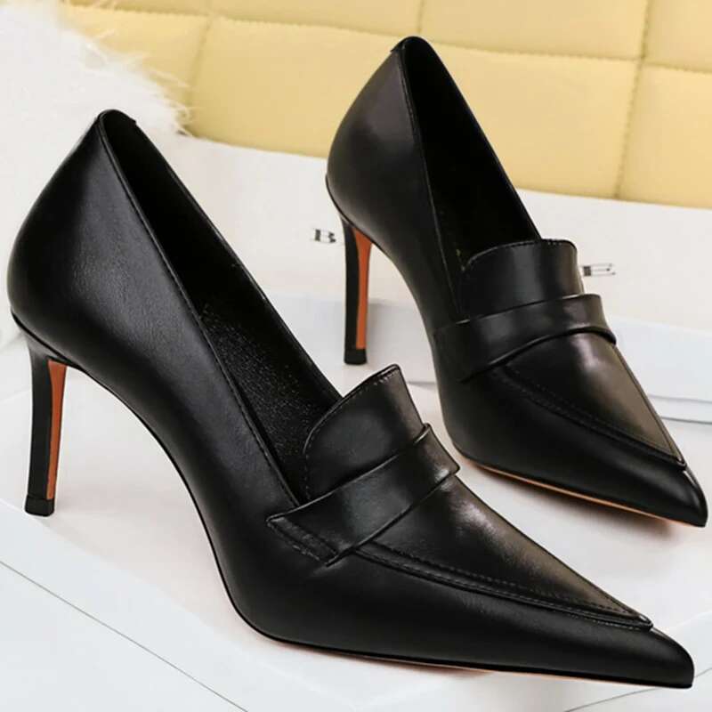 New Elegant Women 8cm High Pumps Wedding Bridal Classic Pu Leather Retro Slipony Heels Lady Brown Bla Office Shoes