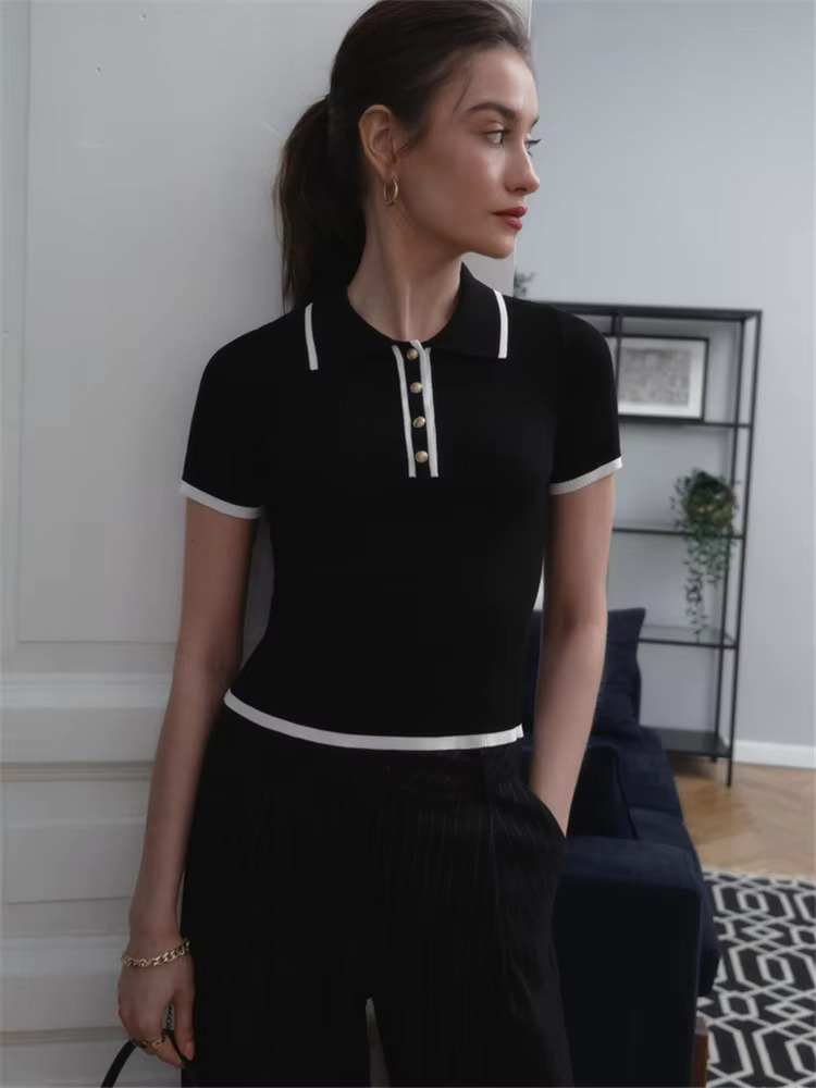 Knit Sweater Women Short Sleeve Patchwork Slim Lapel Elegant Contrast Knitwear Top Female Skinny Ribbed Pullover
