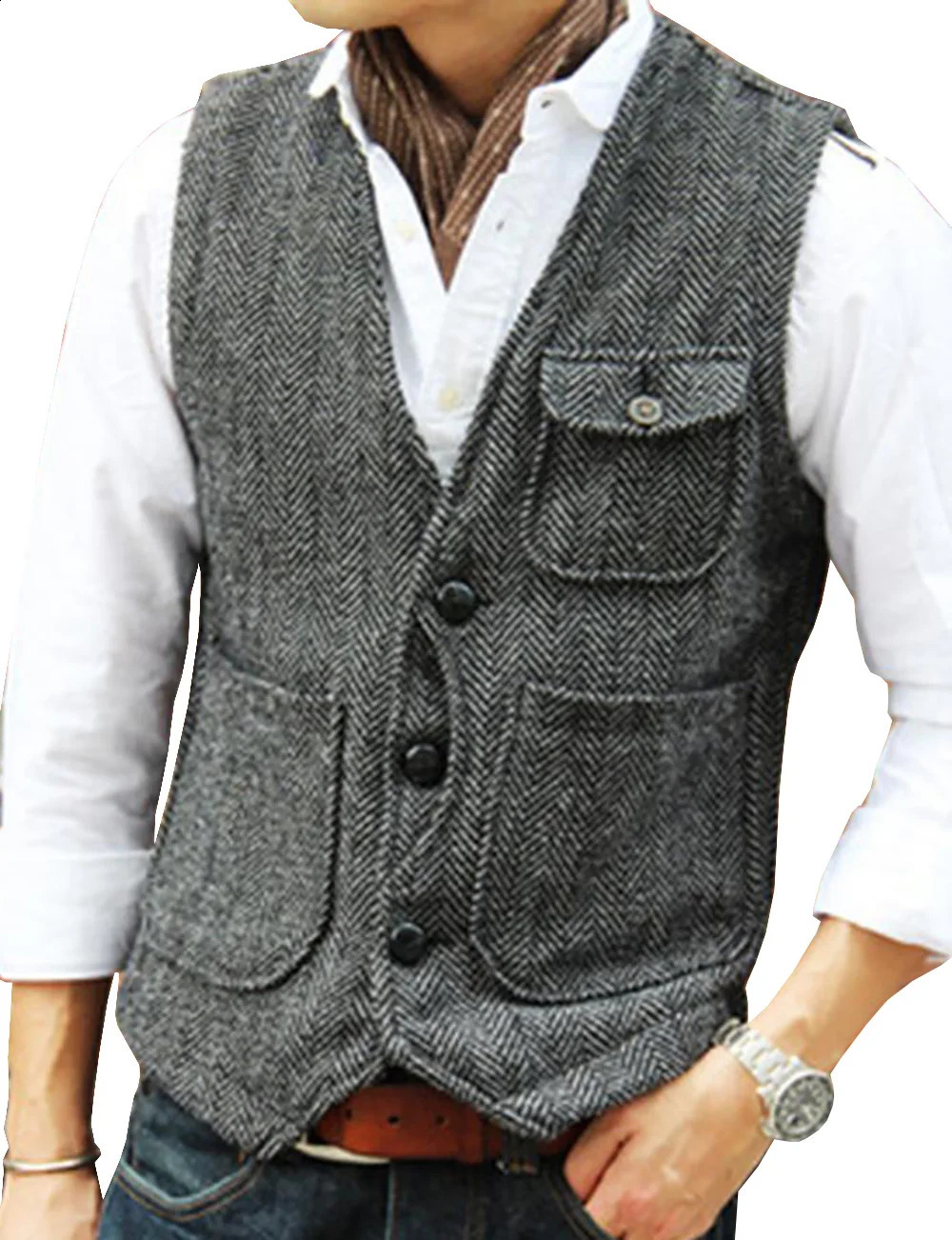 Vest Mens Casual Tooling Formal Herringbone Tweed Brown V Neck Wool Waistcoat Business Groomsman For Wedding Prom 250114
