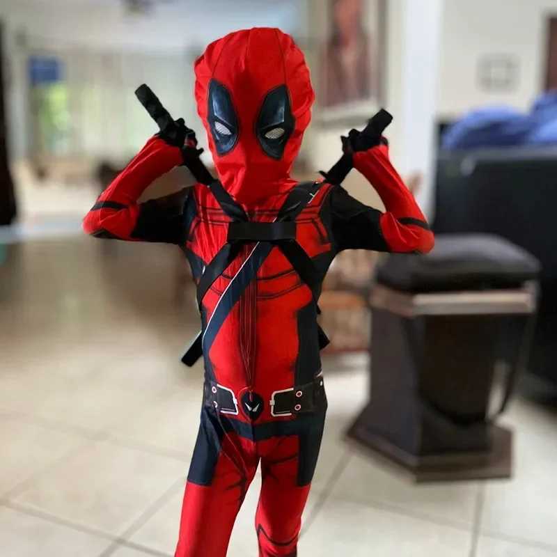 Childrens Death Pool cosplay jumpsuit movie hero character mask tight fitting suit dagger toy set Halloween New Year costume and sword bag gift W25011