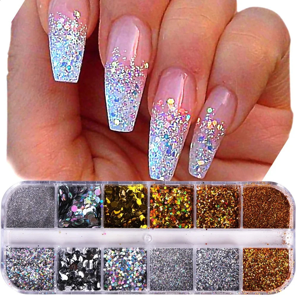 12Grids Holographic Nail Glitter Flakes Sequins Rose Gold Silver Manicure Paillette Spangles Slices Art Decor 250115