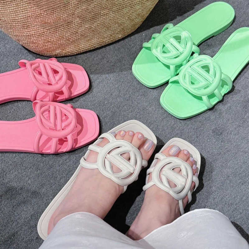 Designer Sandals Women Interlocking Slides Rubber Slippers Ladies Flat Beach Jelly Script Orange Pink Summer Fall Mules Outdoor Waterproof Sliders Size 35-42