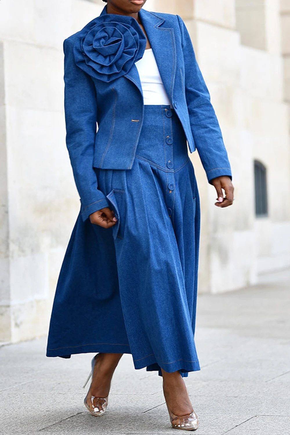Plus Size Business Casual Blue Turndown Collar Long Sleeve 3D Pleated Denim Two Piece Skirt Sets 250108