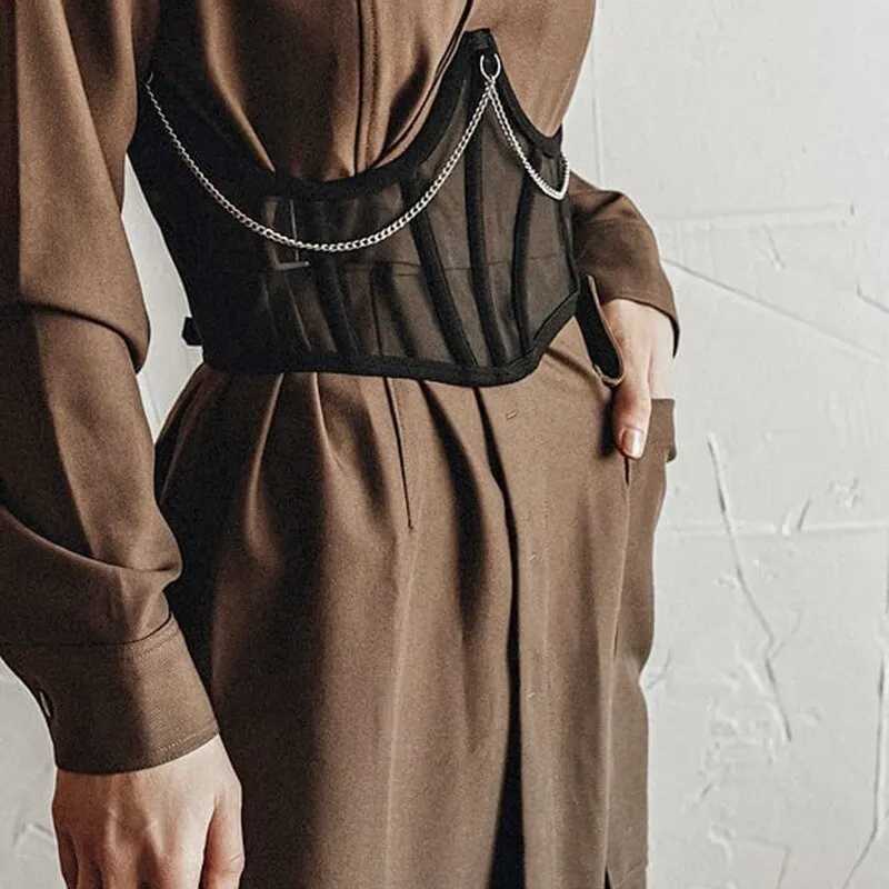 Sexy Corset Underbust Punk Metal Chain Black Women Top Curve Shaper Strap Slimming High Waist Belt Lace Bustiers W250120