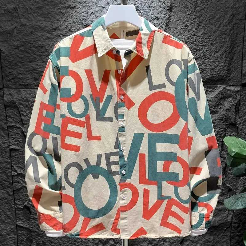 Mens Clothing Trendy Vintage Letter Print Casual Streetwear Button Up Shirts Youth Male Spring and Autumn Long Sleeve Loose Tops M250121