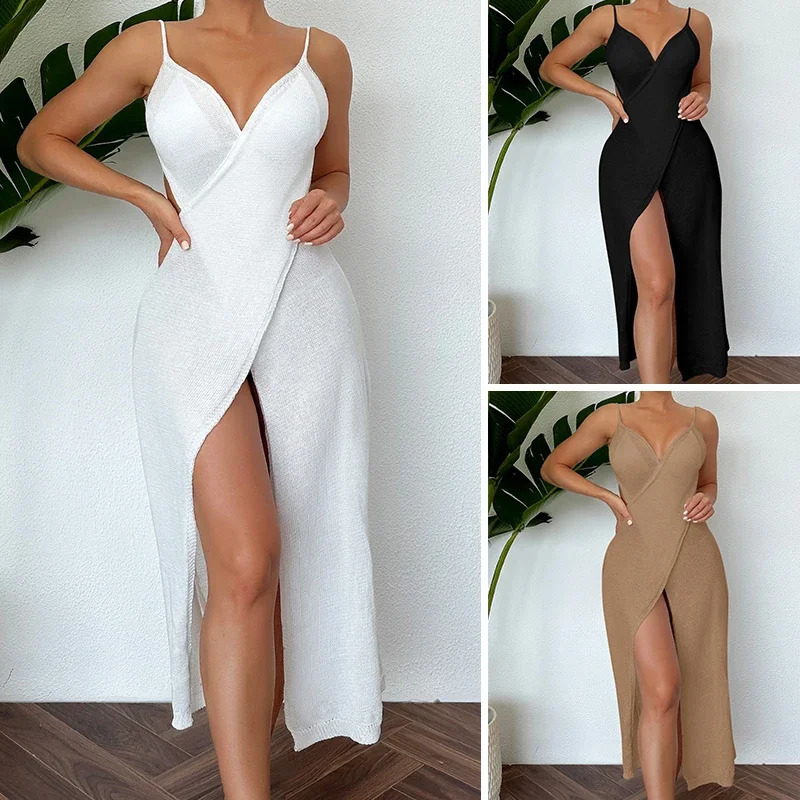 Womens Knitted Sexy High Seam Backless Long Dress Summer Beach Covered Transparent Strap 250122