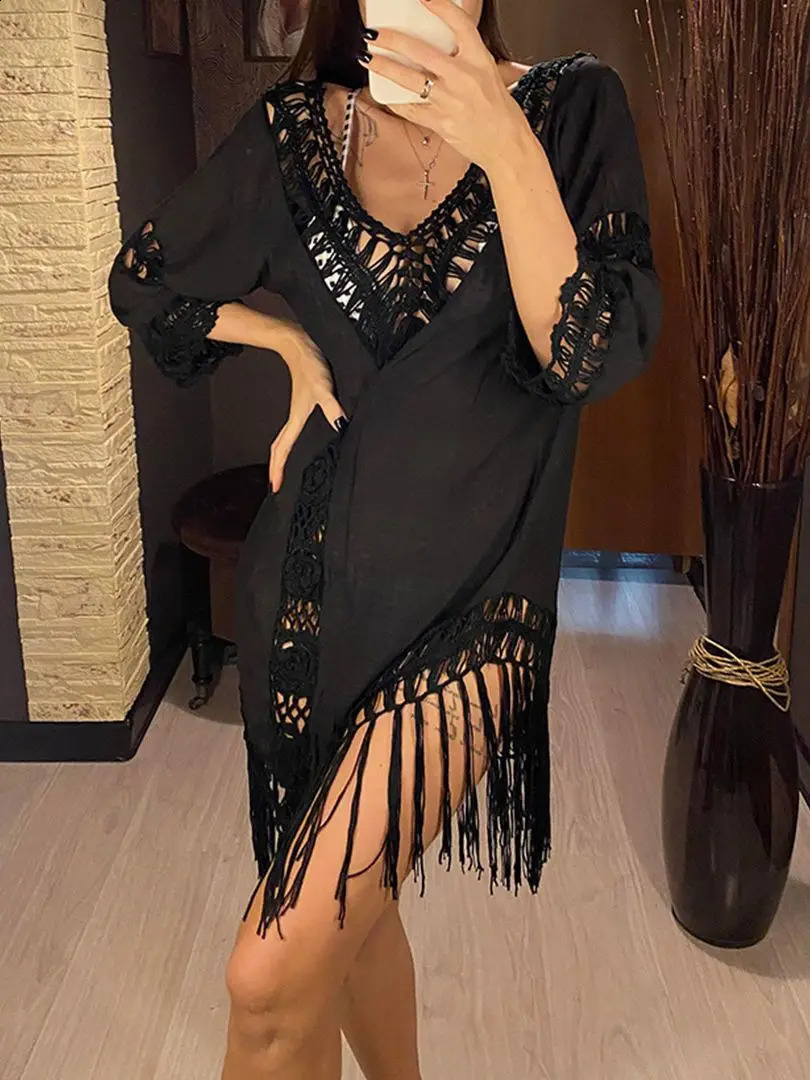 Sexy Backless Hollow Out Fringe Tassel Tunic Beach Cover Up Cover-ups Beach Dress Beach Wear Beachwear Female Women V2650 250118