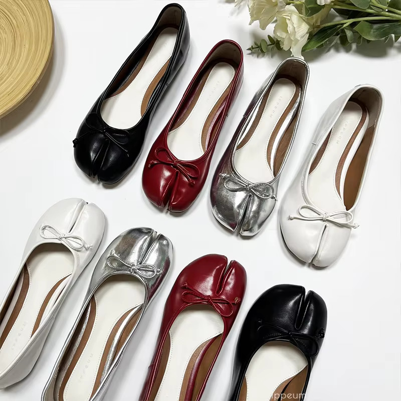 Split Toe Shoes Tabis Ballet Flats Women Black Leather Mary Janes Plus Size 44 Butterfly Knot Ballerinas Atos Mujer 250221