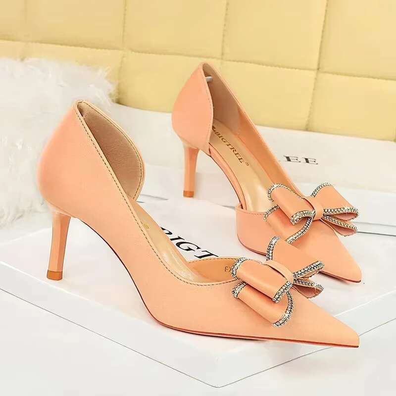 Women Kawaii Bowknot New Side Hollow Barefoot Pumps Sweet 7cm High Heels 2024 Lady Shiny Crystal Outside Prom Valentine Shoes