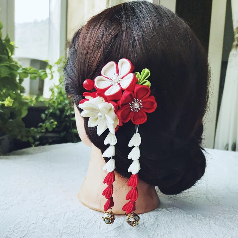 Japanese Kimono Handmade Fabric Flower Folding Fan Hair Accessories Clip Tassel Headwea Headdress Barrette Yukata Festvial Deco 250120