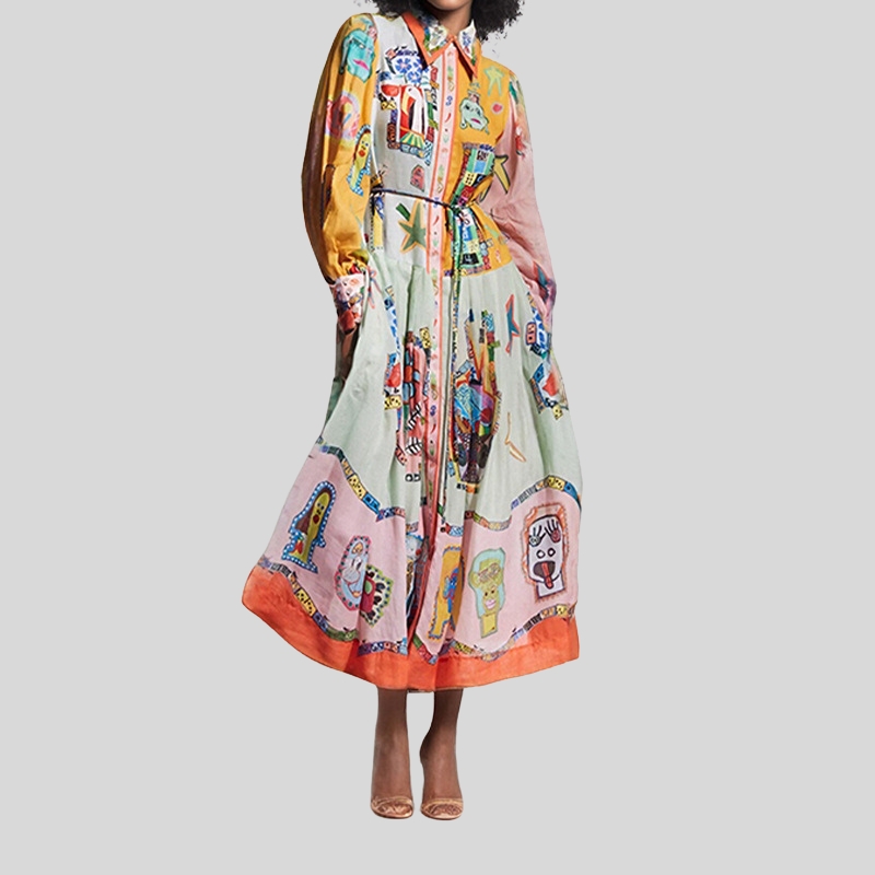 New best-selling European and American women's clothing lantern sleeves printed lapel collar waist long sleeves big pendulum dress women