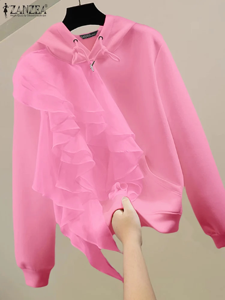 Women Ruffled Edge Sweatshirts 2024 ZANZEA Autumn Solid Pullovers Simple Hooded Collar Jumper Korean Style Long Sleeve Hoodies 250107