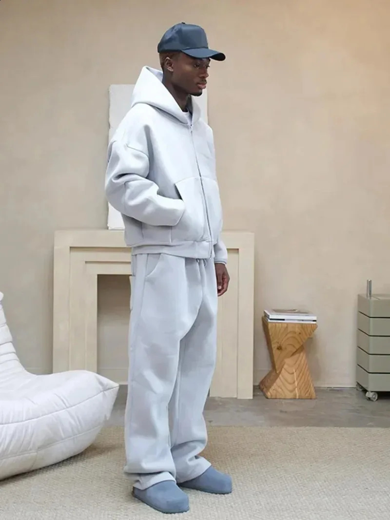 American Fashion Solid Color Fleece Large Sweatshirt Mens Twopiece Suit Harajuku Hip Hop Gothic Joker Slacks Jogging Pants 250109
