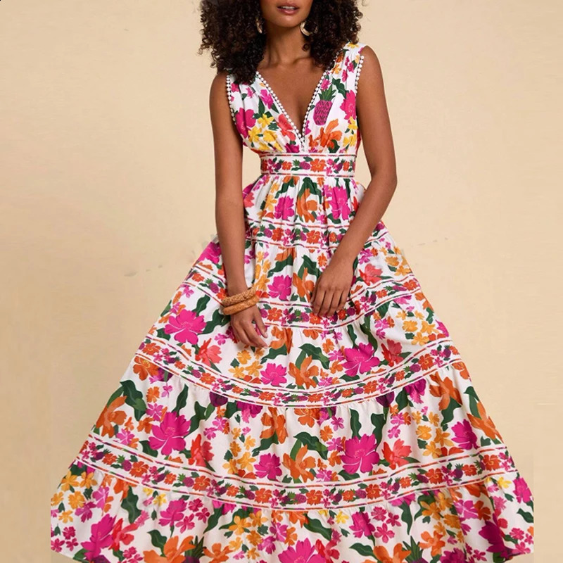 Casual Floral Print High Waist Womens Dress Sexy Deep V Hollow Out Sleeveless Beach Dress Fashion Backless Bohemian Long Dress 250118
