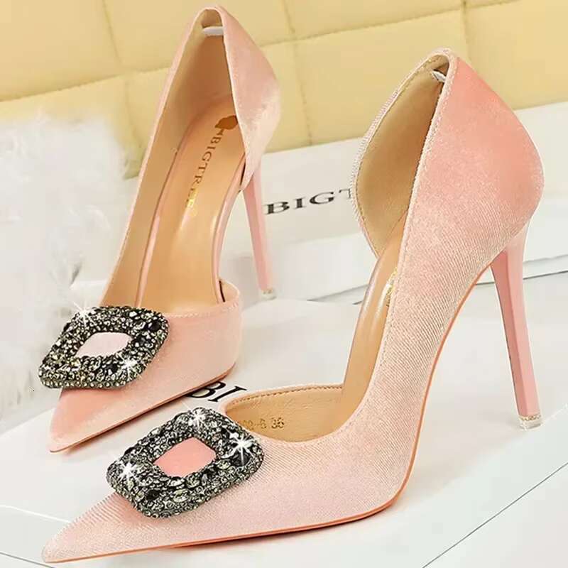 Women 10.5cm Super High Heels Pointed Toe Side Hollow Work Pumps Metal Crystal Bule Veet Stiletto Fashion Banquet Lady Shoes